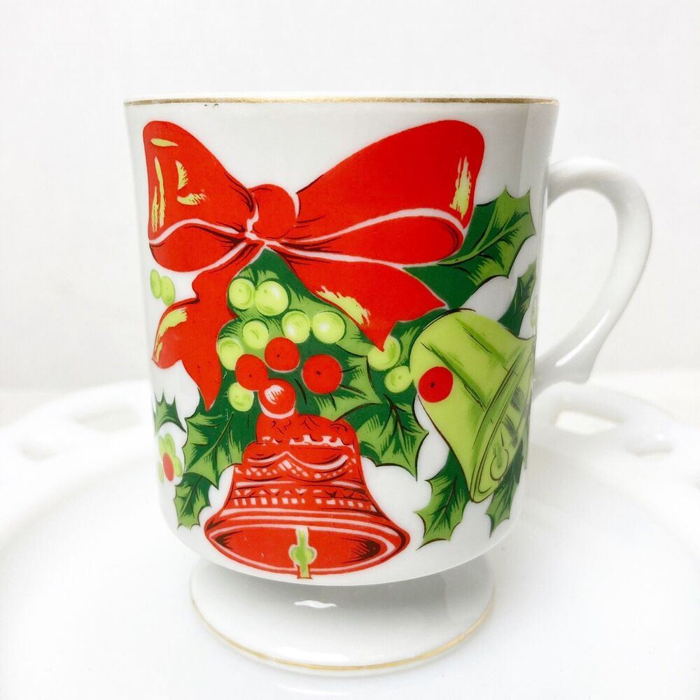 Lefton China Hand Painted Red Holly Bell Christmas Tea Cup Coffee Mug